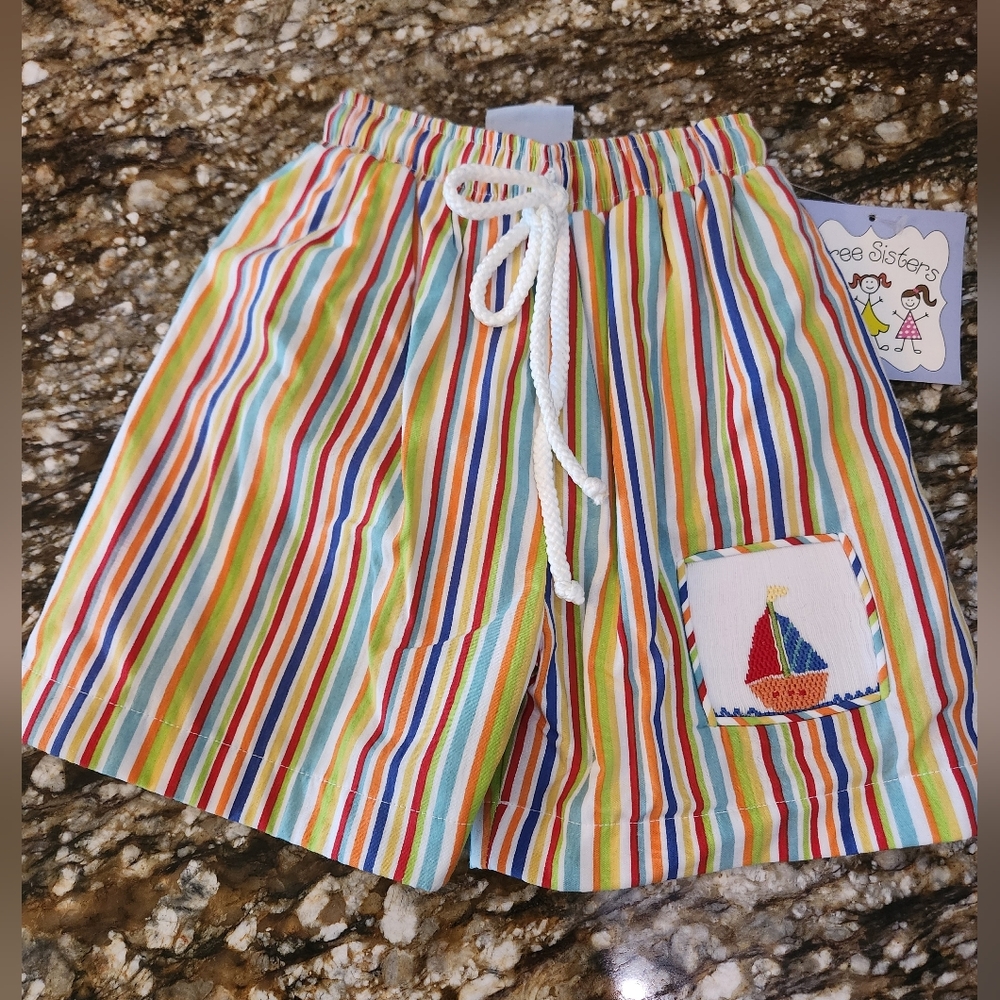 Colorful Striped Kids Shorts with Sailboat Pocket